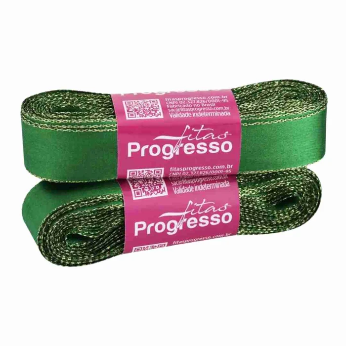 Fita Cetim Simples com Ourela Dourada Verde (2,2cm x 10m) - Progresso