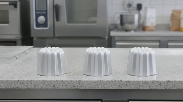 Forminhas Canele em uma Bancada de Cozinha Profissional - Caparroz