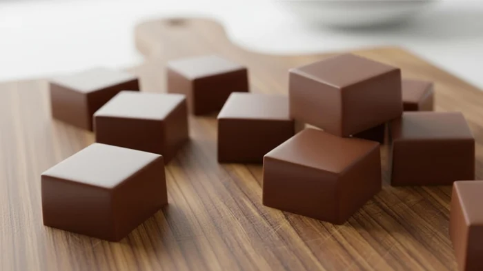 Bombons de Chocolate Quadrado Reto 29mm 19g em uma tábua de madeira - Gramado