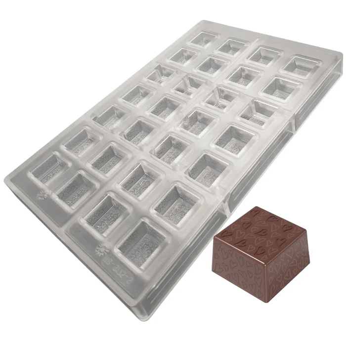 Forma de Chocolate em Policarbonato Bombom Quadrado Textura Valena Corações 2,5cm (10g) - Brunner