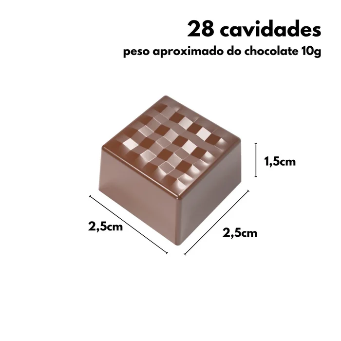 Forma de Chocolate em Policarbonato Bombom Quadrado Textura Manila Lapidado 2,5cm (10g) - Brunner (2)