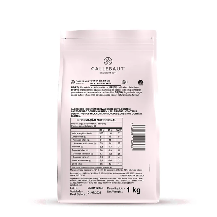 Embalagem verso Flakes Granulado Quadrado Grande Chocolate ao Leite 1kg - Callebaut