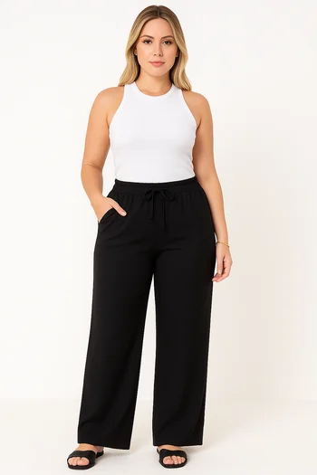 Calça Pantalona Feminina Cintura Alta Com Bolso Tecido Duna - Preto