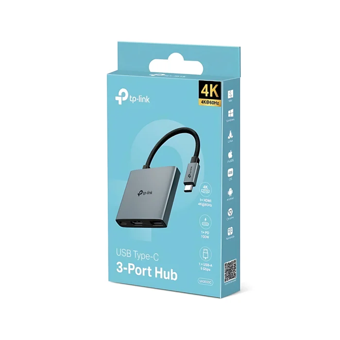 Hub Usb 3 em 1 Tipo C HDMI 4K, USB-A 4