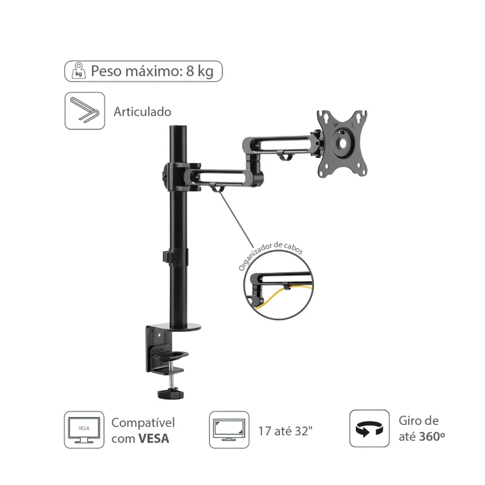 Suporte Articulado Vinik Para Monitor 17 A 32 360° Rotação E Organizador de Cabo 4