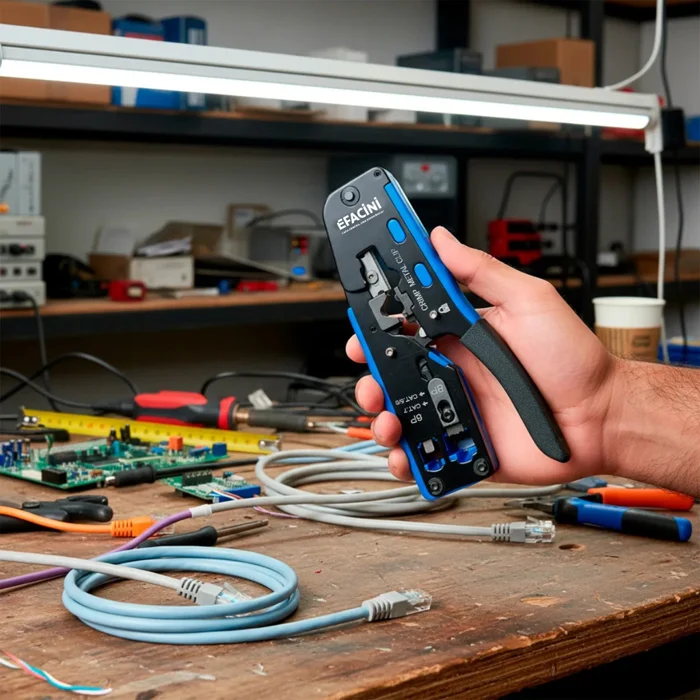 Alicate de Crimpagem Profissional  Multifuncional EF-Exbom CAT7 EZ  cabo RJ45 / RJ11/12 Preto e Azul (big)