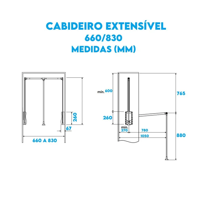 Medidas Cabideiro Basculante Articulado Armários e Closet 66 a 83 cm - 40040300