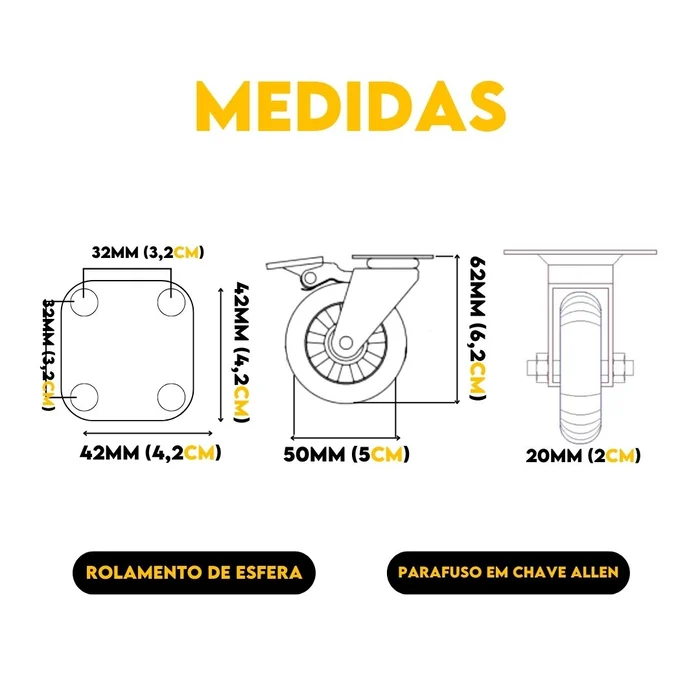 Medidas Rodízio Gel Pu Transparente Com Trava 50mm - 4201050