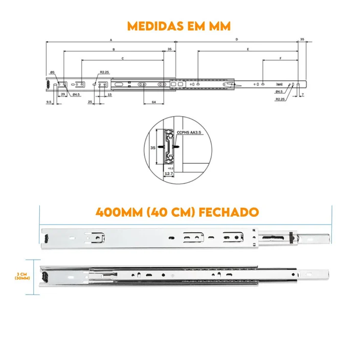 Corrediça Telescópica 40cm H35 Zincado 25kg Ligth 53020040