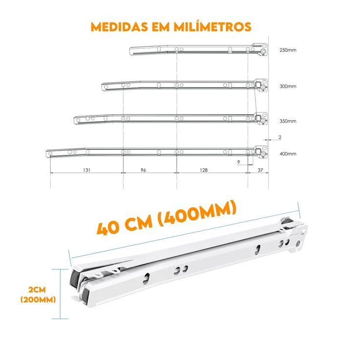 Corrediça de Gaveta 40cm Next Branco 15kg 53010240