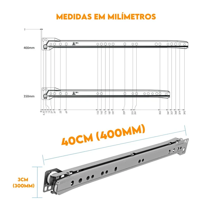 Corrediça de Gaveta 40cm Extra Cinza 15kg 53040140de Gaveta 40cm Next Branco 15kg 53010240