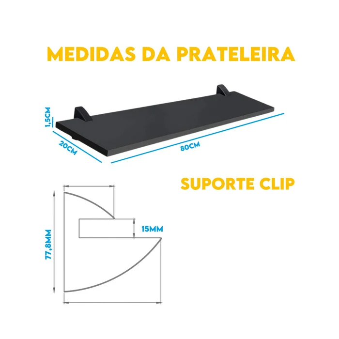 Prateleira Prateleira 80x20cm de Madeira com Suporte Clip Preto (zoom)
