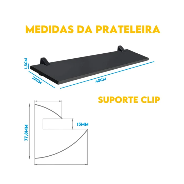 Prateleira Prateleira 40x25cm de Madeira com Suporte Clip Preto (zoom)