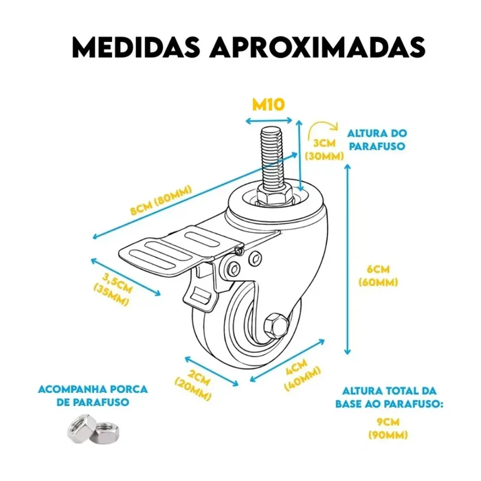 rodizios-rodas-e-rodinhas Rodizio Espiga Giratorio 75MmPVC Rosca M12 Sem Trava Laranja (zoom)