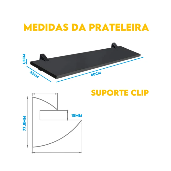 Prateleira Prateleira 80x25cm de Madeira com Suporte Clip Preto (big)