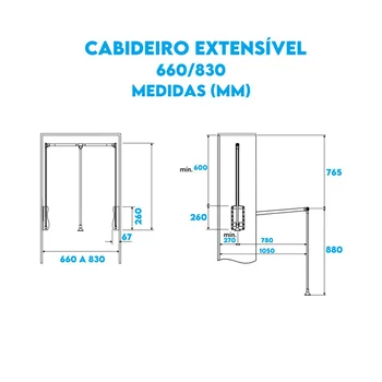 Medidas Cabideiro Basculante Articulado Armários e Closet 66 a 83 cm - 40040300