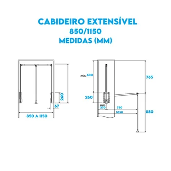 Medidas Cabideiro Basculante Articulado Armários e Closet 85 a 115 cm - 40040301