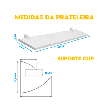 Prateleira Prateleira 80x25cm de Madeira com Suporte Clip Branco (zoom)