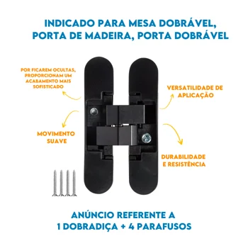 Dobradica Invisivel 3D Preto 110mm Para Moveis, E Acessorios: Parafusos - De Metal Comum (zoom)