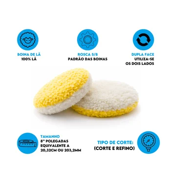 1 Boina Dupla Face Mista Amarela (refino) e Branca (corte) 8 polegadas (1)
