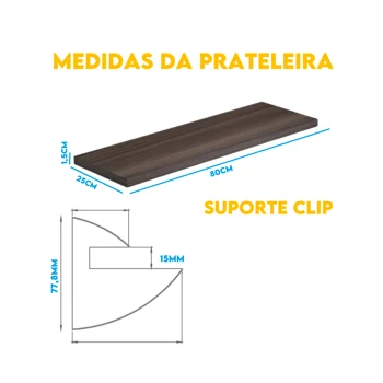 Prateleira Prateleira 80x25cm de Madeira com Suporte Clip Nogueira Sun Remo (normal)